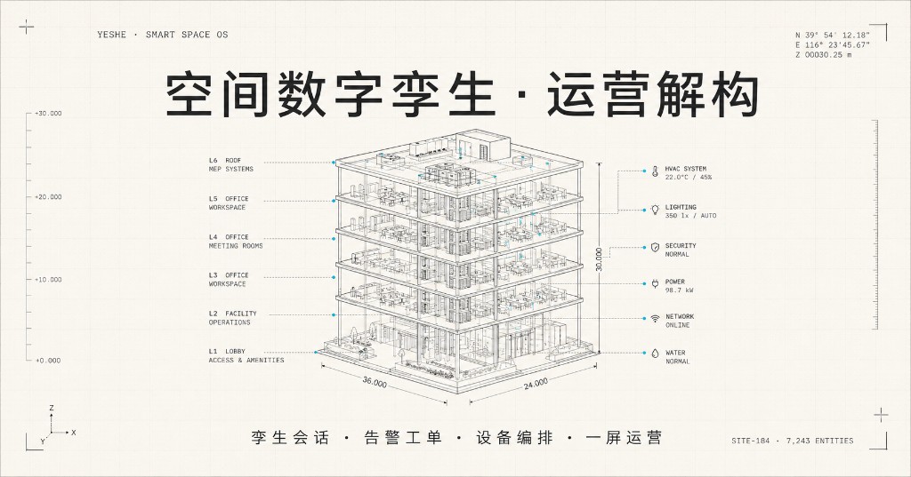 YESHE Smart Space OS 企业级蓝图视觉，围绕空间本体、IoT、数字孪生与 AI 组织能力
